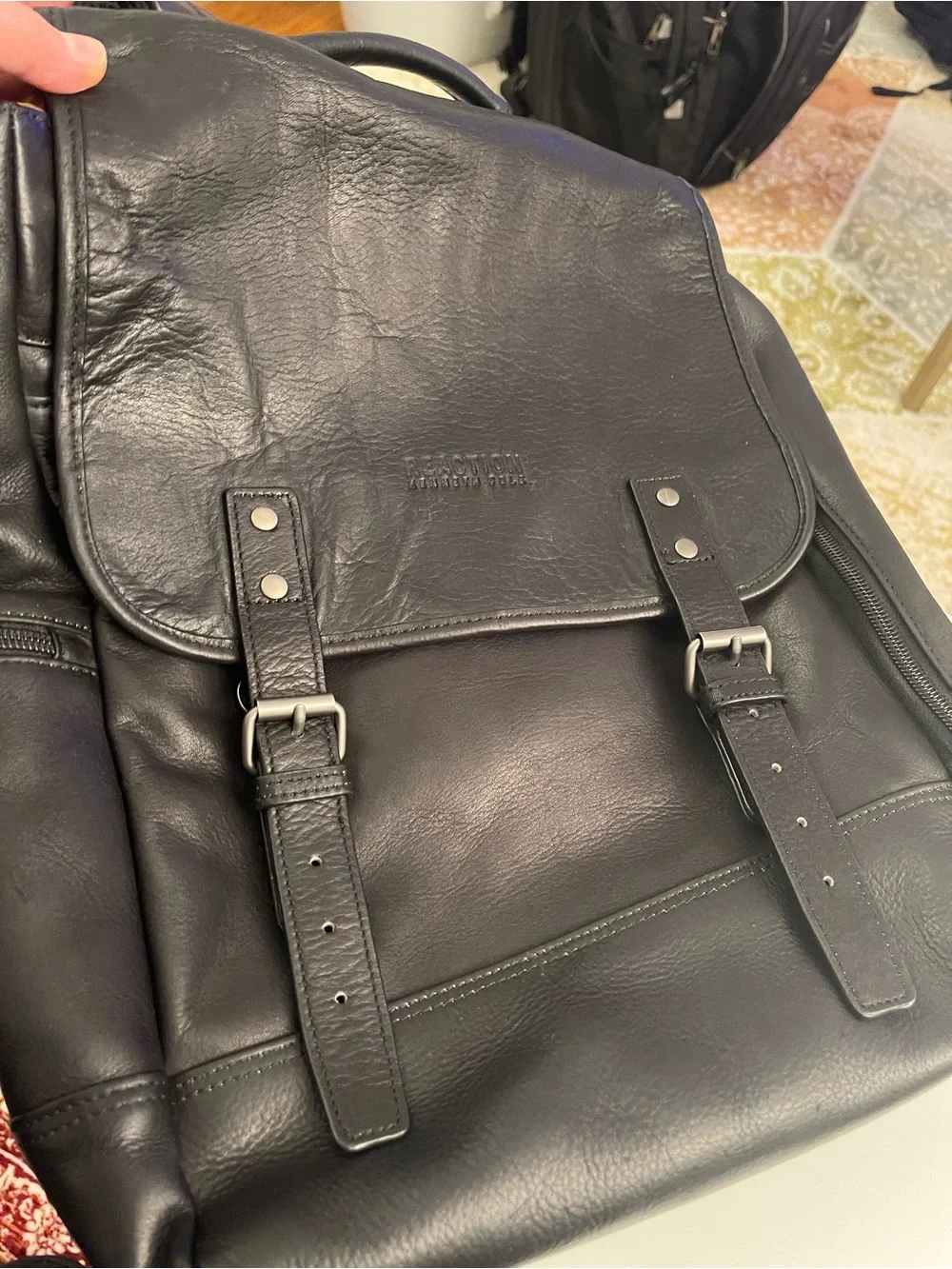 Kenneth Cole Reaction Black Leather Backpack with Buckle Pocket